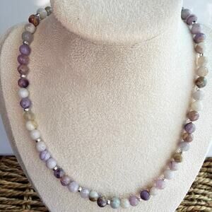 16" Natural Sufluorite & Hematite Beaded Necklace, Purple, White, Silver